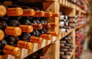 Botellas de vino almacenadas en estanterías de madera en una bodega tradicional del Campo de Belchite, en una de las rutas del vino desde Zaragoza con parada en Fuendetodos.