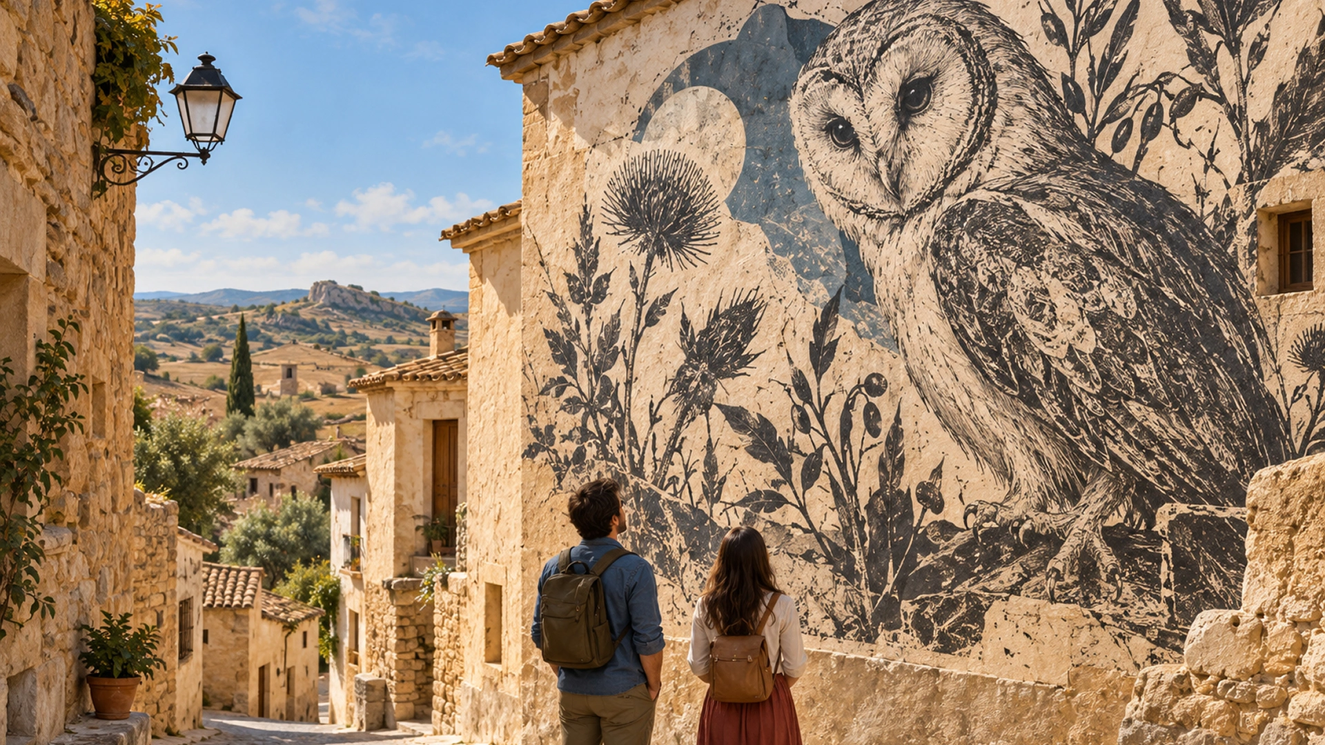 Ilustración de dos visitantes contemplando un mural en una calle de un pueblo aragonés.