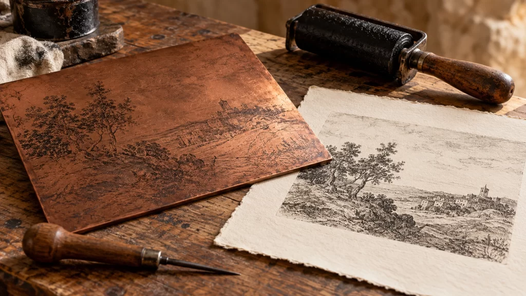 Plancha de cobre, rodillo de tinta y estampa sobre papel en una mesa de grabado tradicional.